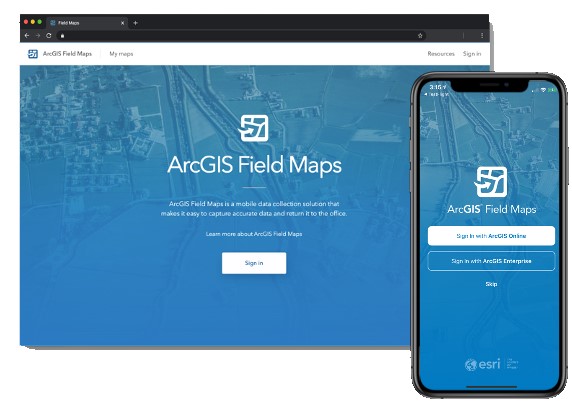 écran d'accueil de ArcGIS Field Maps sur ordinateur et sur smartphone