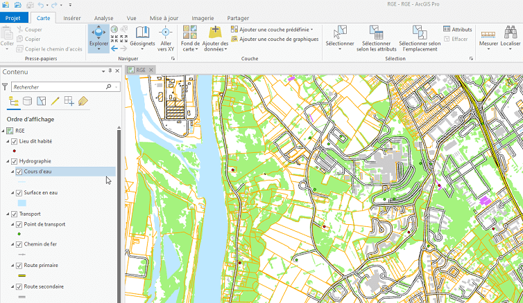 capture d'écran de l'interface d'ArcGIS Pro affichant une vue cartographique