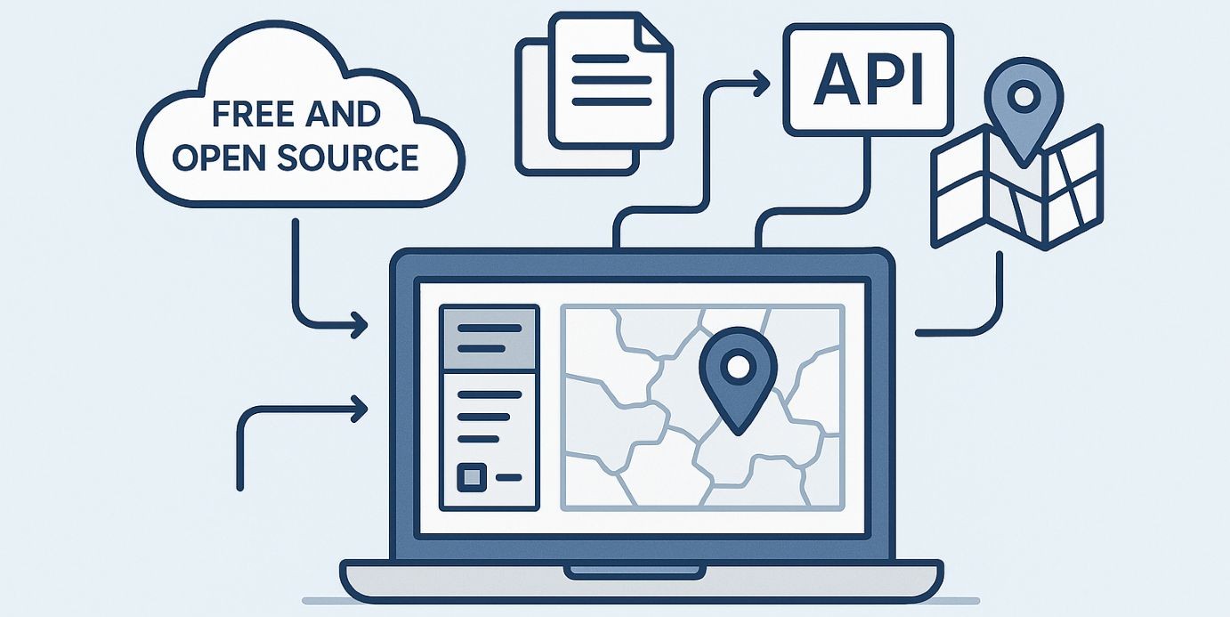 Illustration représentant l’utilisation de données SIG Open Source : accès à des ressources gratuites, visualisation de cartes, récupération et intégration de données via API.