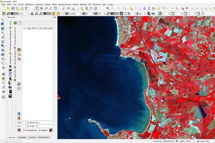 capture d'écran du traitement d'une image SENTINEL 2 à l'aide du plugin SCP dans le logiciel QGIS