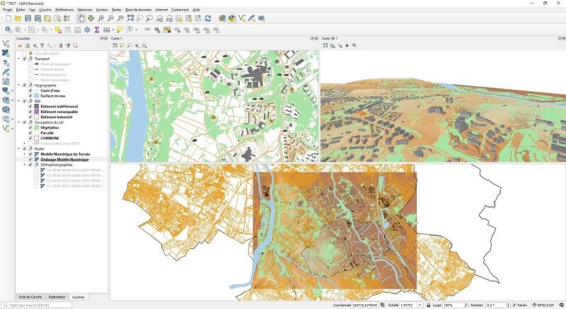 capture d'écran de l'interface du logiciel QGIS avec trois vues cartographiques